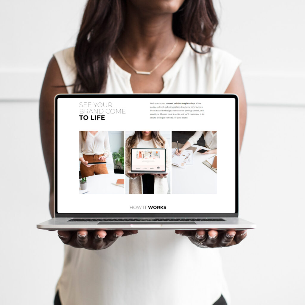 web design for photographers, woman holding laptop, by female web designer Jessie Mary & Co.