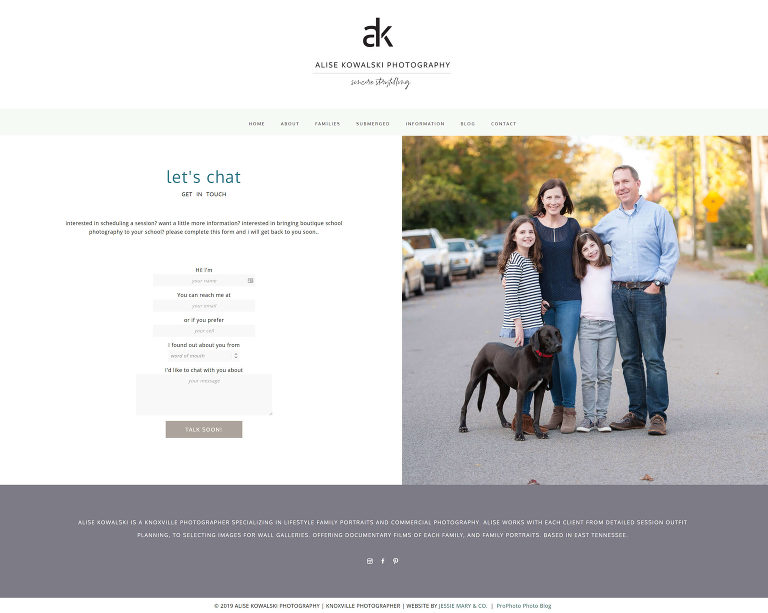 Pro Photo designer Jessie Mary & Co created this custom website for Knoxville photographer Alise - contact