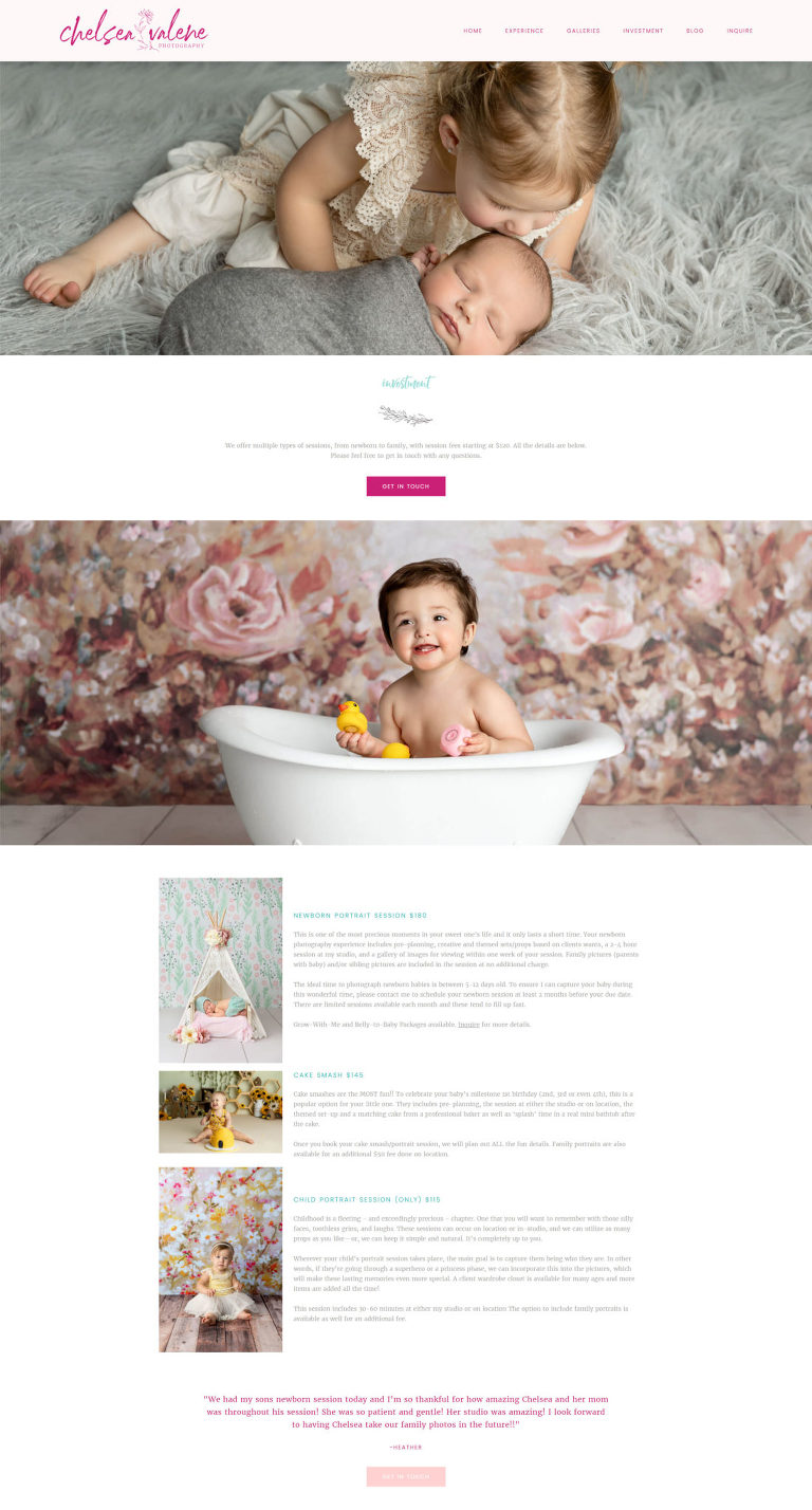 Website for photographers - services page with feminine design