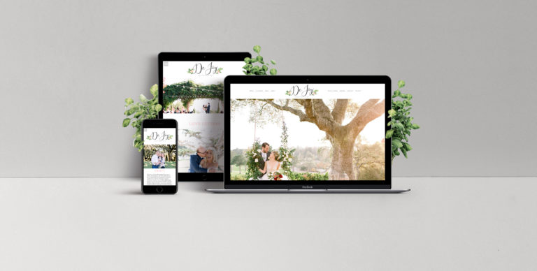 Websites for photographers, laptop, phone and tablet showing mobile responsive website for photographer specializing in wedding photography