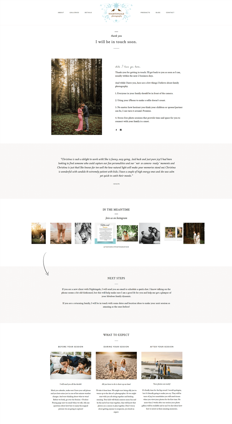 Thank you page on website for photographers, layout shown including social invite, and next steps